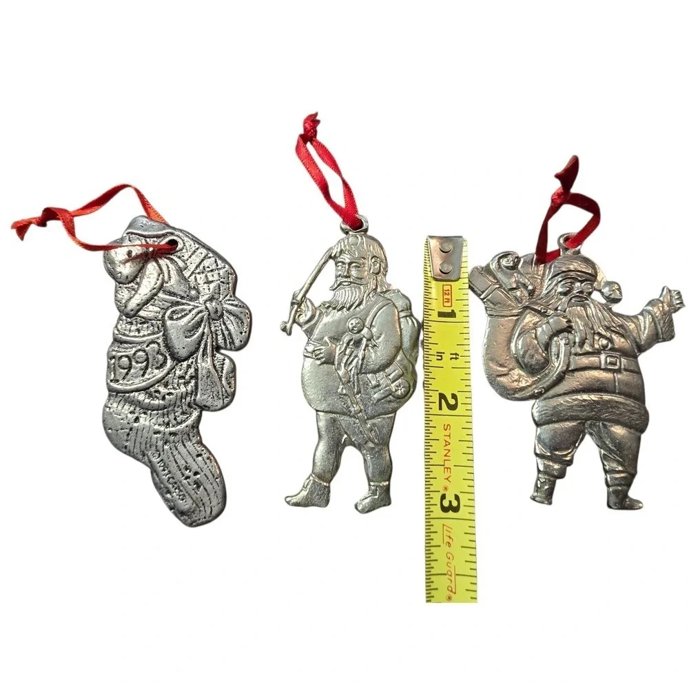 Vintage 1993‎ Pewter Christmas Ornaments Set Santa Claus Stocking Holiday Decor